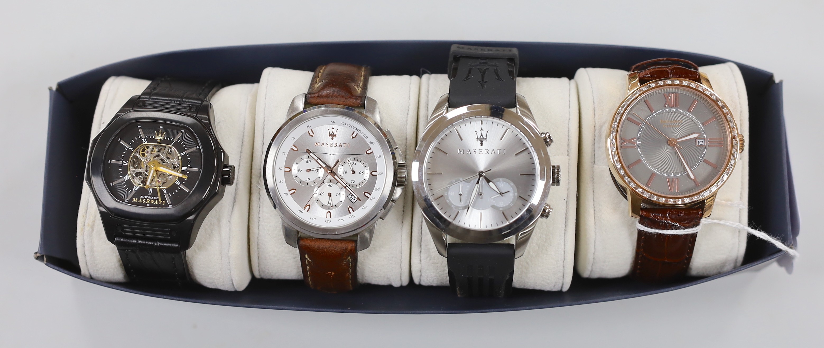 Three gentleman's assorted modern stainless steel Maserati wrist watches including automatic and quartz and a git metal Belvedere Profession watch.
